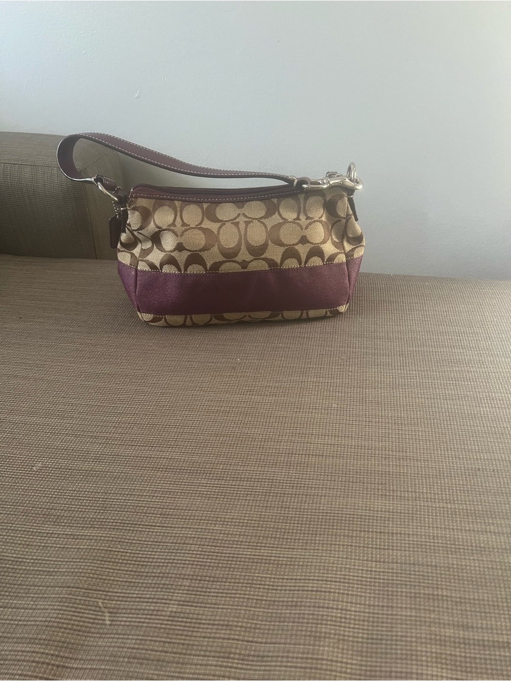 Coach Brown Signature Canvas Crossbody with Purple Trim